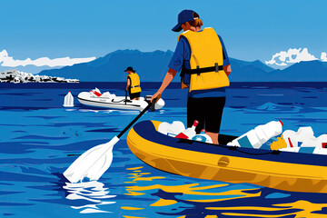 Volunteers Clean Up Plastic Pollution in Ocean Bay. Generative AI image