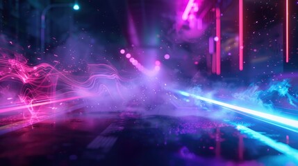 Fototapeta premium Abstract night scene with neon lights smoke and darkness