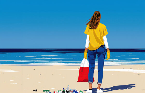 Volunteer Cleaning Up Plastic Pollution on a Sandy Beach. Generative AI image