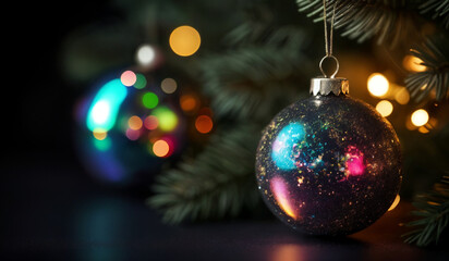 Obraz premium A colorful Christmas ornament on a black background with bokeh sparkles.