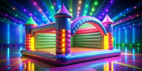 Colorful Inflatable Castle in a Neon Light Show, 3D Render, Bounce House, Fun, Party, Kids,