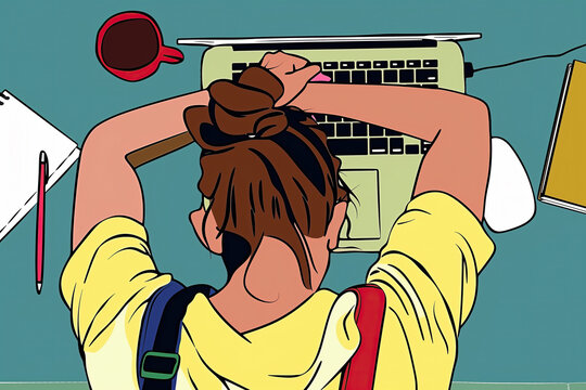 Young Woman Working On Laptop In Office With Coffee And Notebook. Generative AI