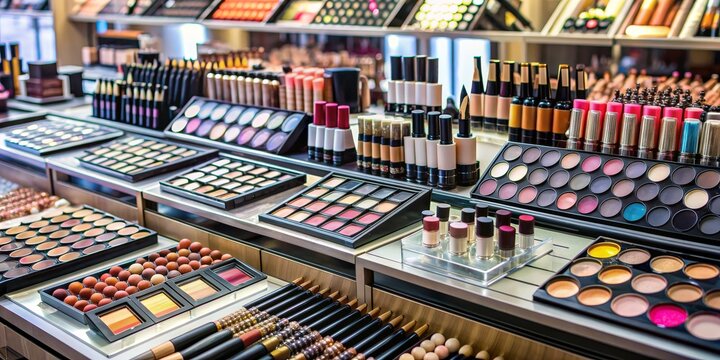 Colorful Makeup Palettes Displayed on Shelves in a Cosmetics Store, makeup , cosmetics , beauty , store