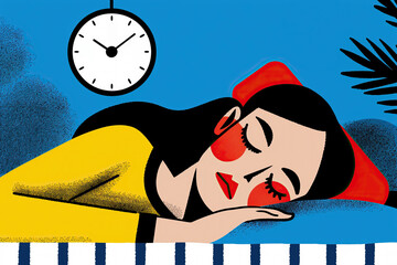 Young woman at home bedroom lying in bed late at night trying to sleep, suffering from insomnia. Generative AI