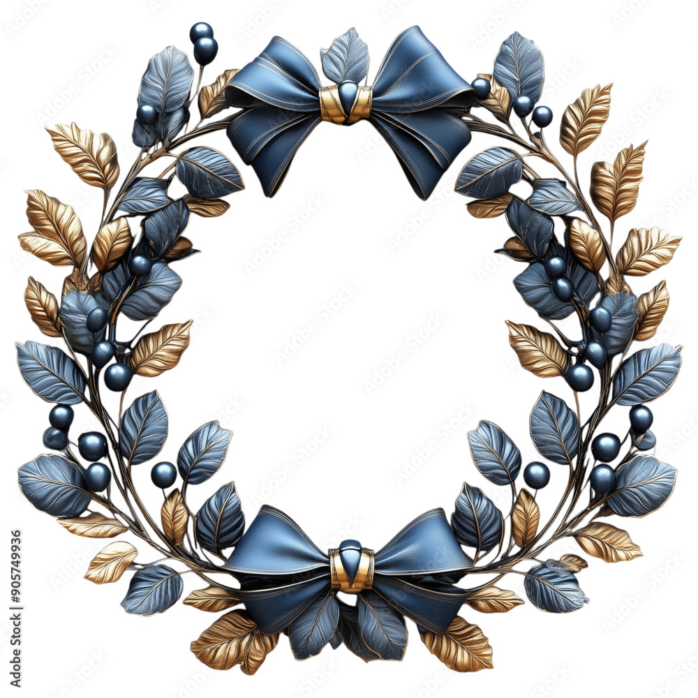 Wall mural Elegant gold and blue laurel wreath with ribbon, isolated on a transparent background, perfect for awards and emblems.
