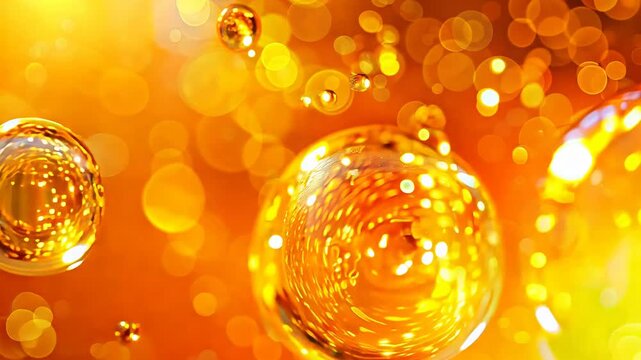 Vibrant orange bubbles suspended in liquid with glowing bokeh background