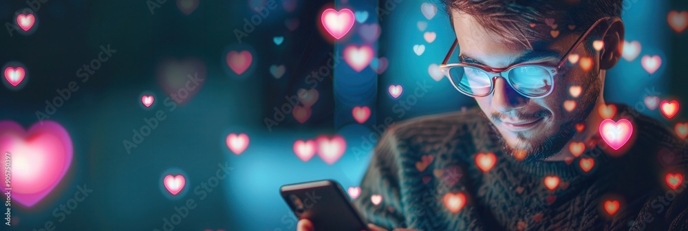 Aufkleber A man interacts with his smartphone while colorful like icons float around him, capturing the essence of digital connectivity in a cozy evening setting. Generative AI