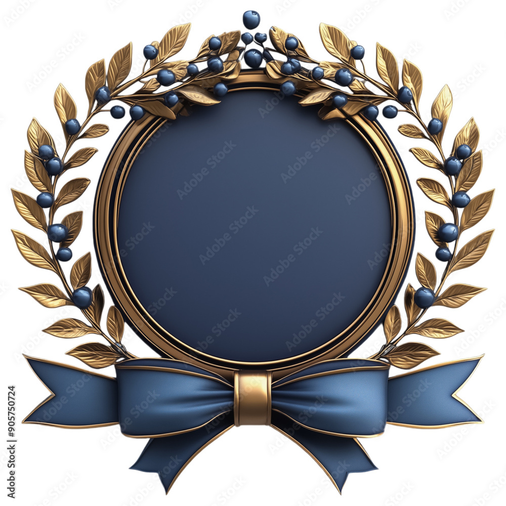 Wall mural Elegant gold and blue laurel wreath with ribbon, isolated on a transparent background, perfect for awards and emblems.
