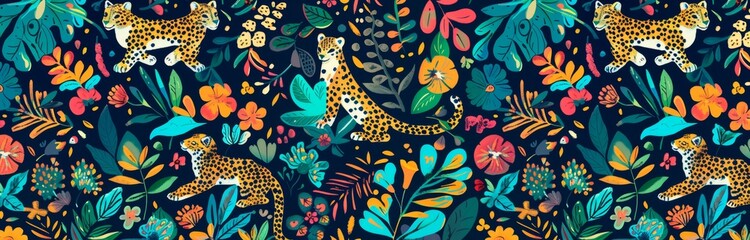 A seamless pattern of a leopard with flowers and leaves in a vintage style.
