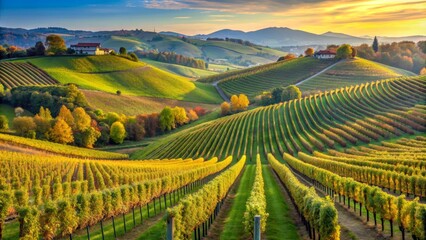 Fototapeta premium Golden Hour Vineyards Rows of Grapevines in Autumn Landscape, Landscape, Winery, Italy, Vineyard, Autumn, Rolling Hills