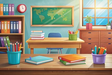A classroom ready for learning: a colorful desk awaits students in a sunny room