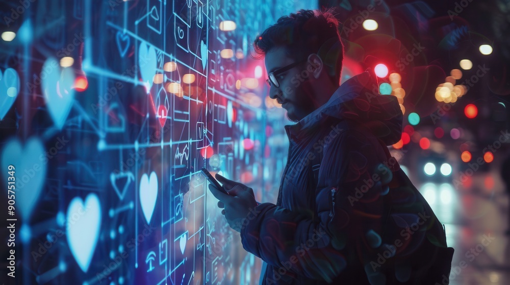 Poster A man uses his smartphone at night, immersed in digital communication surrounded by floating likes and heart icons symbolizing social media interaction. Generative AI