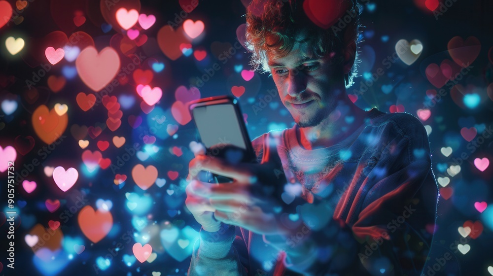 Poster A man interacts with his smartphone, immersed in a vibrant environment filled with colorful likes icons, representing digital communication. Generative AI