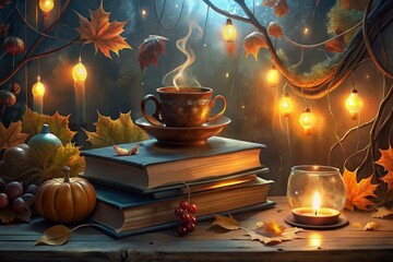 An enchanting autumn evening in the forest with tea and books
