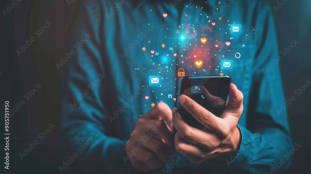 Poster a man uses a smartphone, surrounded by colorful icons representing likes, messages, and interactions