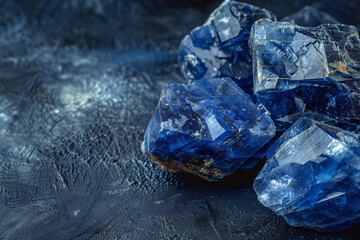 sodalite crystals geode close up on black background, esoteric blue mineral texture on dark surface