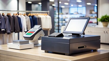 Retail POS System with Monitor, Cash Drawer and Card Reader on Wooden Countertop, retail , store , payment , checkout