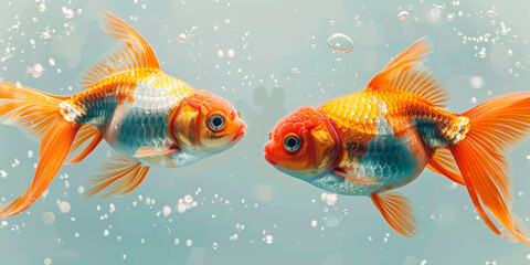 Fototapeta premium Two vibrant goldfish swimming underwater with bubbles. Concept of beauty in nature and aquatic life. Suitable for pet care, aquarium decorations, fish-related promotions, and environmental awareness.