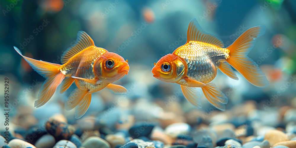 Wall mural two colorful goldfish swimming in an illuminated underwater scene with bokeh effects. concept of bea