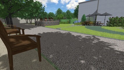 3d image of the landscape design of the home territory. Landscaping of the territory. Computer visualization of composite landscaping and landscaping solutions.