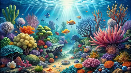 Vibrant Underwater Scene with Colorful Fish and Coral Reefs, digital painting, underwater landscape, tropical fish, marine life, coral reefs