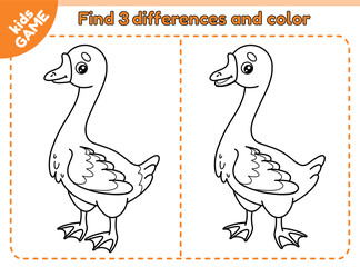 Farm kids game Find 3 differences with goose. Spot the differences. Educational activity book. Puzzle for preschool and school education children. Vector outline illustration of the cute farm bird.