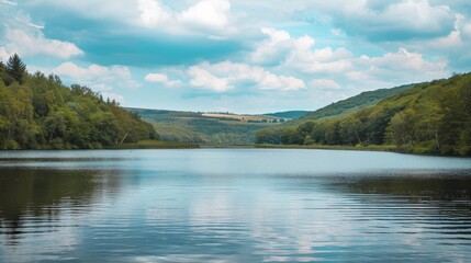 Obraz premium Serene Lake Reflecting a Blue Sky, Wide Shot Composition, Tranquil Water, Forest and Hills, Calm Atmosphere, landscape, nature