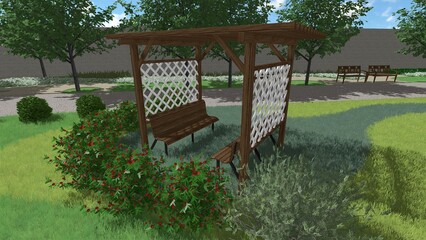 Obraz premium 3d image of the landscape design of the home territory. Landscaping of the territory. Computer visualization of composite landscaping and landscaping solutions.