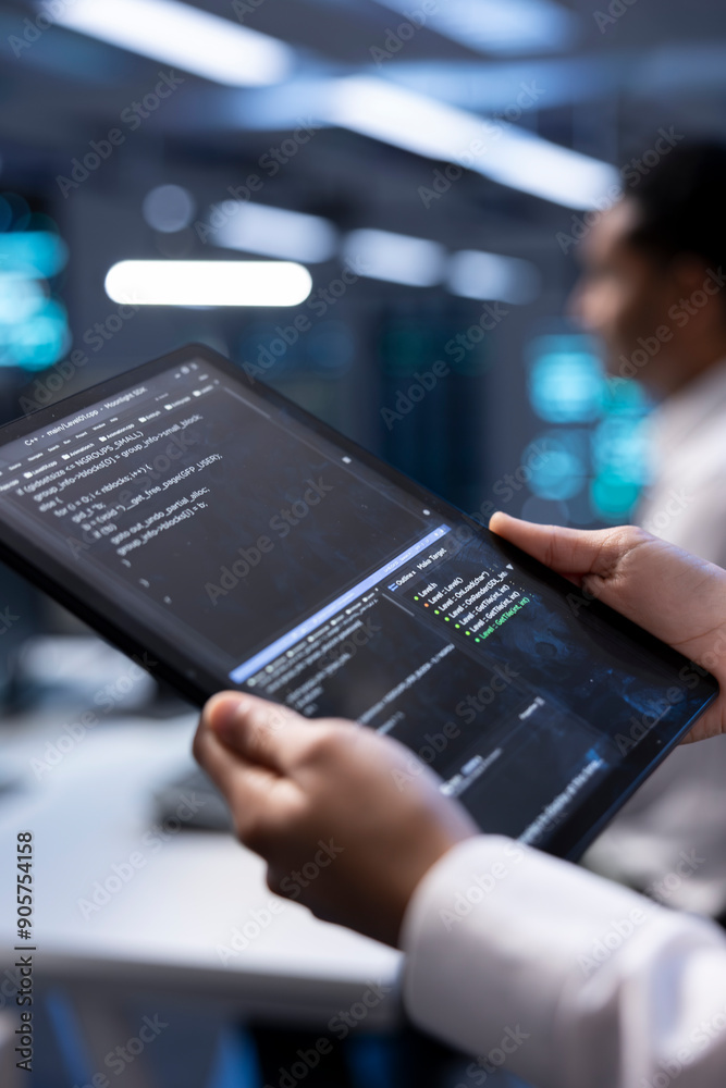 Poster manager in server hub using tablet to find firewall misconfigurations affecting rackmounts performan