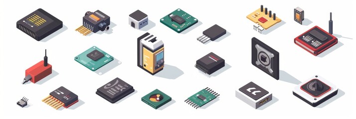 Isometric Vector Illustration of Electronic Component Icons, a Modern Collection for Tech Enthusiasts and UI Designers.