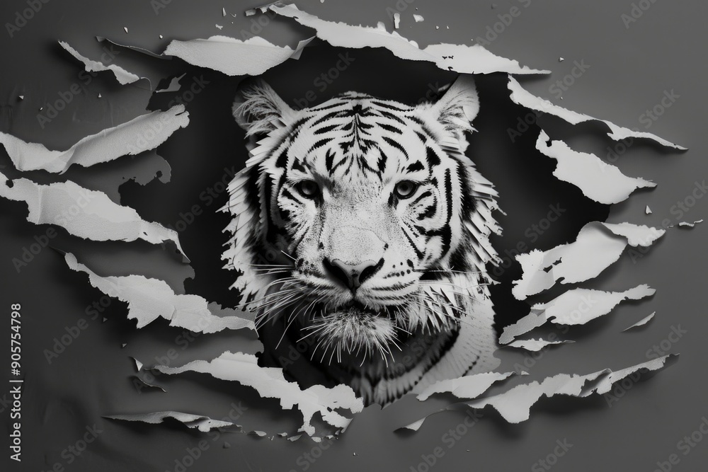 Wall mural a black and white photo of a tiger's face peeking through a hole, conveying a sense of curiosity and