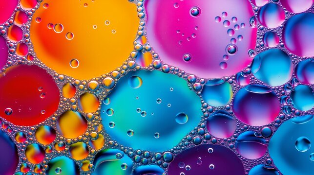The image is a colorful and vibrant display of water droplets, with each droplet having a different color. Scene is one of fluidity and movement, as the droplets seem to be constantly shifting - Powered by Adobe