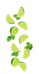 Falling lemon slice with mint leaves isolated on white background, full depth of field