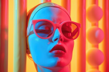 A woman wearing red glasses and blue face paint