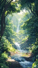 Fototapeta premium Lofi illustration of a serene forest scene with tall trees a flowing river and animals peeking out from behind bushes with sunlight streaming through the canopy