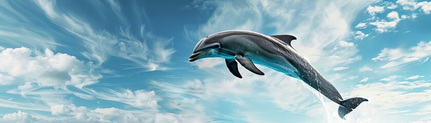 Naklejka premium Dolphin Leaping Through Clouds, Digital Art, Ocean Animal, Blue Sky, Marine Life, dolphin, ocean