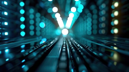 Futuristic Server Room with Glowing Blue Lights for Technology Background, Data Storage and Processing