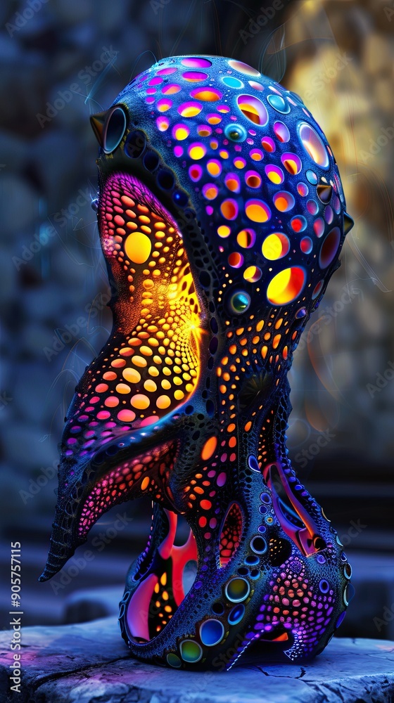 Poster colorful luminous biomorphic form with grotesque surrealism in an abstract digital environment