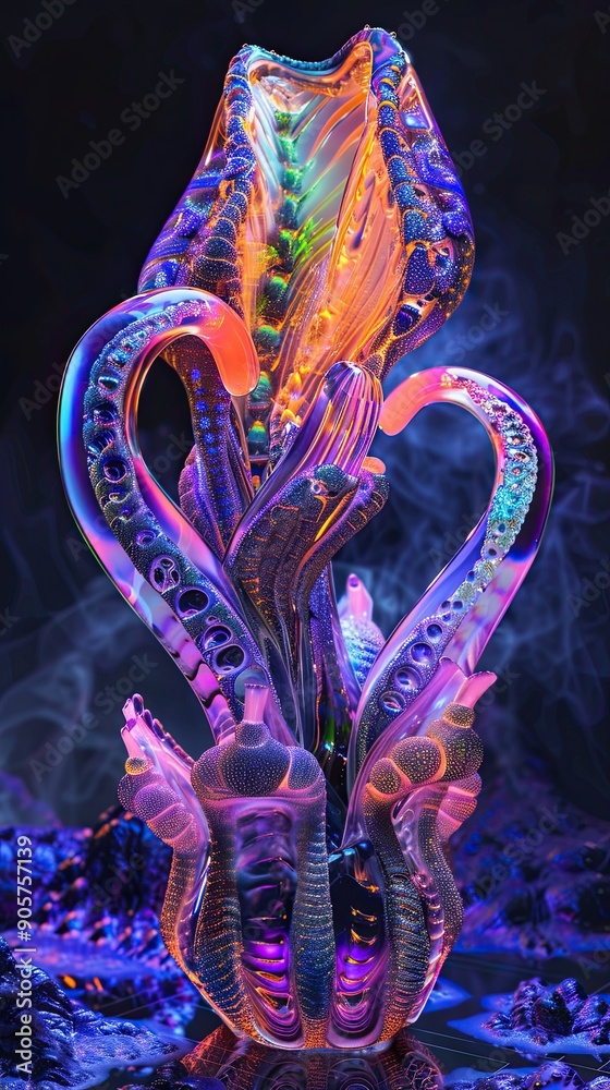 Poster surrealistic neon luminous biomorphic form emerging from dark background at night