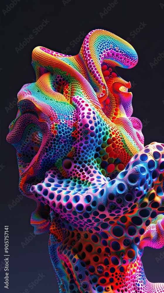 Poster luminous colorful biomorphic form exhibiting surreal grotesque features in digital artistry at twili
