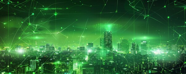 Obraz premium Green Cityscape with Interconnected Network Lines, Digital City, Smart City, Technology, Network, Cityscape