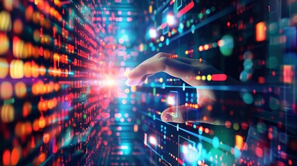 Obraz premium Hand Interacting with Digital Network, Colorful Lights, Futuristic Technology, Data Visualization , Data, Network, Technology