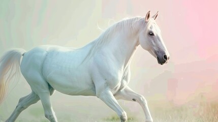 Beautiful White Horse Galloping Gracefully Against a Soft Pastel Background at Dusk