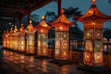 Fototapeta premium Illuminated Decorative Lanterns Lining Pathway Near Water at Dusk in Tranquil Park Setting