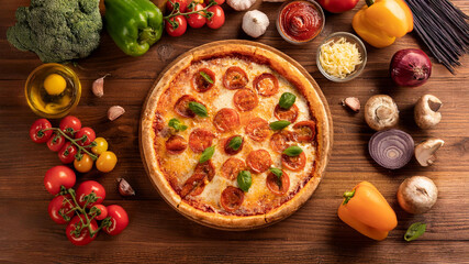 Pizza on a wooden table with vegetables around it, ai generated