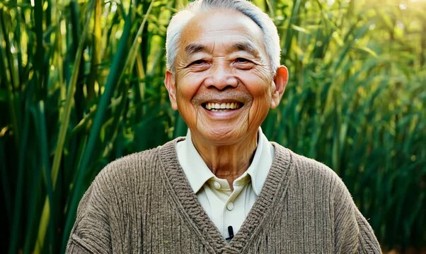 Medium shot portrait video of a satisfied man in his 80s that is wearing a chic cardigan against a bamboo forest background