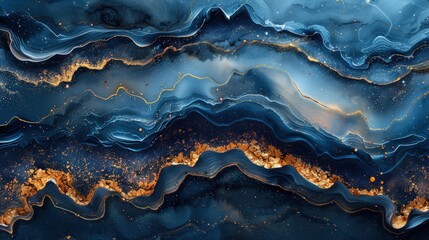 Fototapeta premium An elegant abstract texture featuring a blue background with gold and fluid paint effects, designed to reflect the luxury of mineral surfaces and creative rainbow patterns in a seamless wallpaper