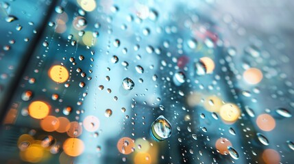  "Rain on a modern glass skyscraper with reflections of city lights 