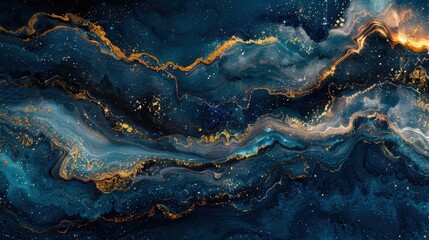 A dynamic and creative abstract design with a textured blue background, incorporating gold and rainbow patterns to simulate the effect of liquid paint and natural mineral elements