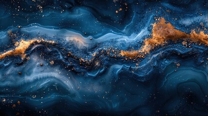 A luxurious abstract texture with a deep blue background, featuring gold and liquid paint effects that mimic the look of mineral surfaces and creative rainbow patterns for a seamless wallpaper design